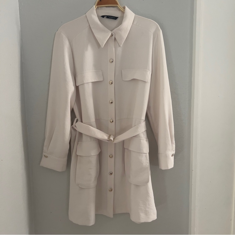 ZARA Women’s XL Gold Button Utility Belted Shirt Dress Ivory Cream Butter White - Picture 4 of 13